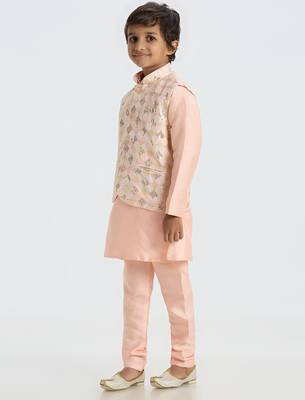 Traditional with a modern touch nehru jacket full sleeves kurta, pyjama set - peach 2