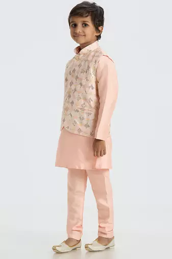 Traditional with a modern touch nehru jacket full sleeves kurta, pyjama set - peach