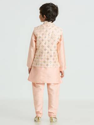 Traditional with a modern touch nehru jacket full sleeves kurta, pyjama set - peach 3