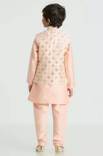 Traditional with a modern touch nehru jacket full sleeves kurta, pyjama set - peach