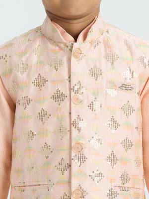 Traditional with a modern touch nehru jacket full sleeves kurta, pyjama set - peach 4