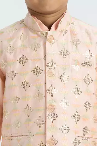 Traditional with a modern touch nehru jacket full sleeves kurta, pyjama set - peach