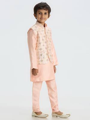 Traditional with a modern touch nehru jacket full sleeves kurta, pyjama set - peach 5
