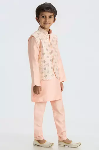 Traditional with a modern touch nehru jacket full sleeves kurta, pyjama set - peach