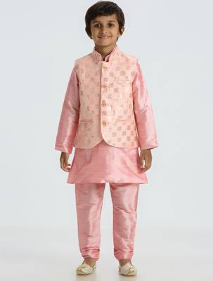 Charming and elegant outfit with sequence work nehru jacket full sleeves kurta, pyjama set - pink 1