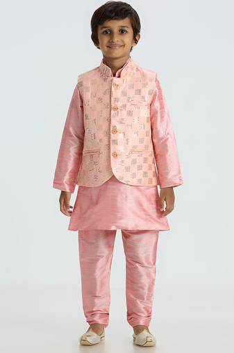 Charming and elegant outfit with sequence work nehru jacket full sleeves kurta, pyjama set - pink