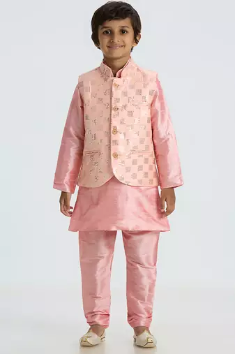 Charming and elegant outfit with sequence work nehru jacket full sleeves kurta, pyjama set - pink