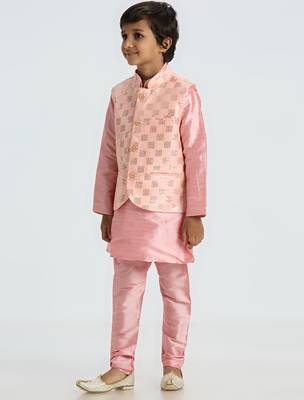 Charming and elegant outfit with sequence work nehru jacket full sleeves kurta, pyjama set - pink 2