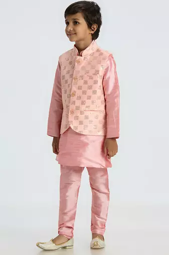 Charming and elegant outfit with sequence work nehru jacket full sleeves kurta, pyjama set - pink