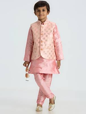 Charming and elegant outfit with sequence work nehru jacket full sleeves kurta, pyjama set - pink 5