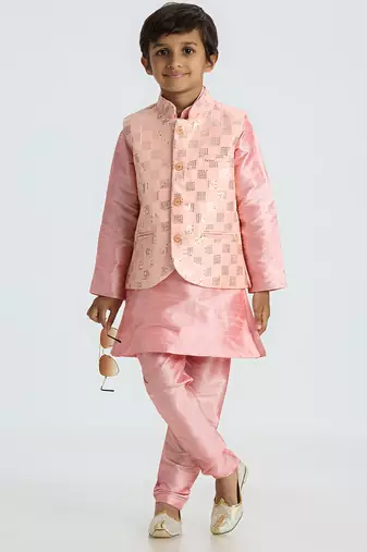 Charming and elegant outfit with sequence work nehru jacket full sleeves kurta, pyjama set - pink