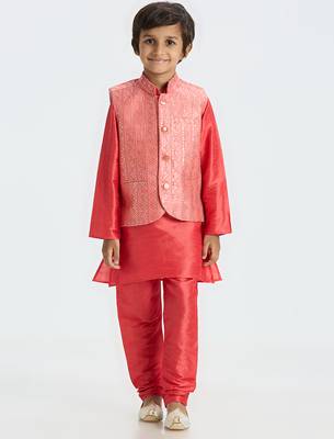 Sequence work  nehru jacket full sleeves kurta, pyjma set - tomato red 1