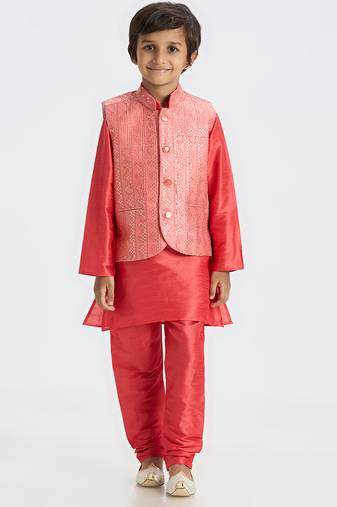 Sequence work  nehru jacket full sleeves kurta, pyjma set - tomato red