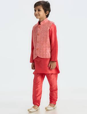 Sequence work  nehru jacket full sleeves kurta, pyjma set - tomato red 2