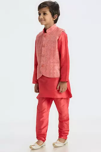 Sequence work  nehru jacket full sleeves kurta, pyjma set - tomato red
