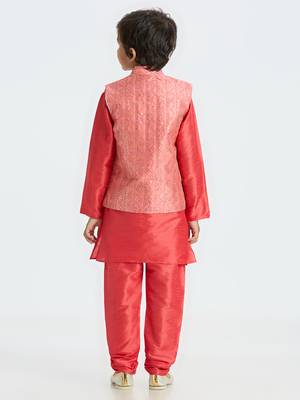Sequence work  nehru jacket full sleeves kurta, pyjma set - tomato red 3