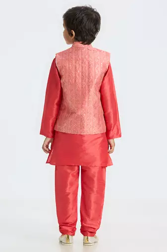Sequence work  nehru jacket full sleeves kurta, pyjma set - tomato red