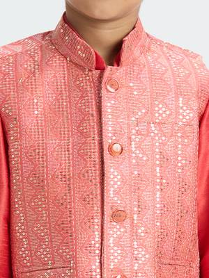 Sequence work  nehru jacket full sleeves kurta, pyjma set - tomato red 4