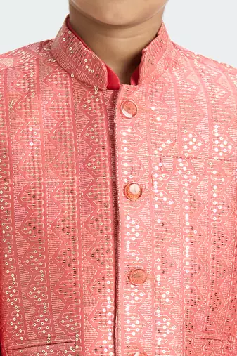 Sequence work  nehru jacket full sleeves kurta, pyjma set - tomato red