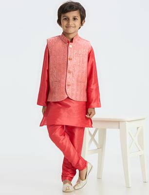 Sequence work  nehru jacket full sleeves kurta, pyjma set - tomato red 5