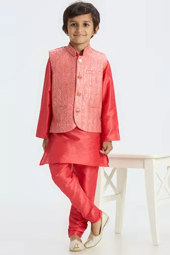 Sequence work  nehru jacket full sleeves kurta, pyjma set - tomato red