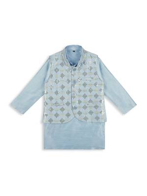 Stylish tikli work nehru jacket full sleeves kurta, pyjama set -  sky blue 1