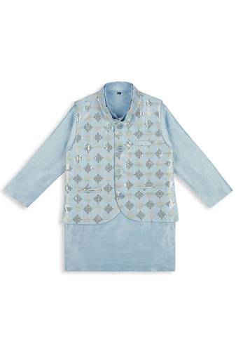 Stylish tikli work nehru jacket full sleeves kurta, pyjama set -  sky blue