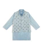 Stylish tikli work nehru jacket full sleeves kurta, pyjama set -  sky blue