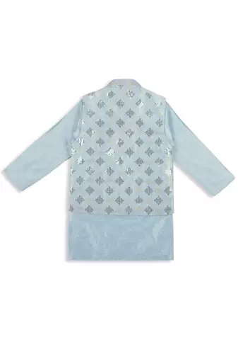 Stylish tikli work nehru jacket full sleeves kurta, pyjama set -  sky blue