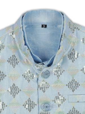 Stylish tikli work nehru jacket full sleeves kurta, pyjama set -  sky blue 3