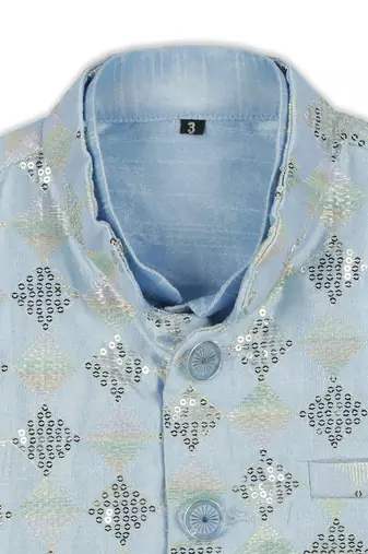 Stylish tikli work nehru jacket full sleeves kurta, pyjama set -  sky blue