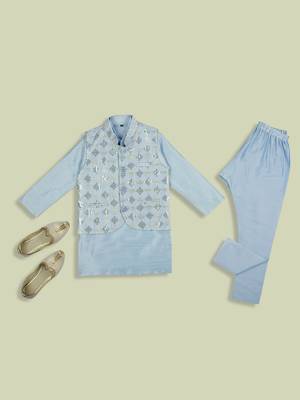 Stylish tikli work nehru jacket full sleeves kurta, pyjama set -  sky blue 5