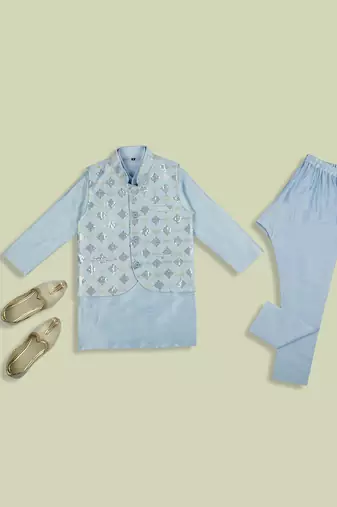 Stylish tikli work nehru jacket full sleeves kurta, pyjama set -  sky blue