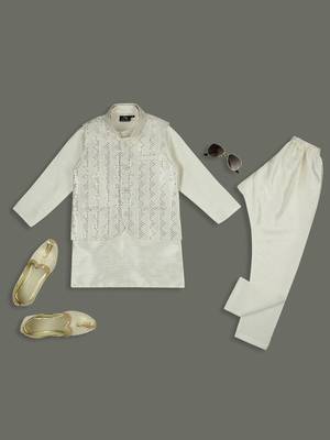 Elegance sequence work nehru jacket full sleeves kurta, pyjama set - cream 5