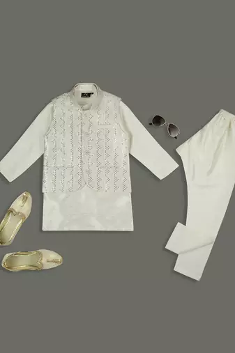 Elegance sequence work nehru jacket full sleeves kurta, pyjama set - cream