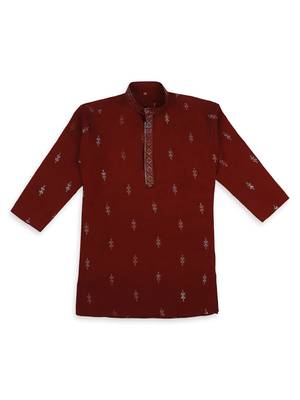 Traditional ethnic wear with silk sequence embroidery full sleeves kurta and pyjama set - maroon 1