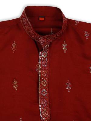Traditional ethnic wear with silk sequence embroidery full sleeves kurta and pyjama set - maroon 3