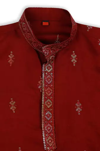 Traditional ethnic wear with silk sequence embroidery full sleeves kurta and pyjama set - maroon
