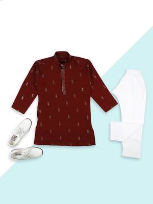 Traditional ethnic wear with silk sequence embroidery full sleeves kurta and pyjama set - maroon 5
