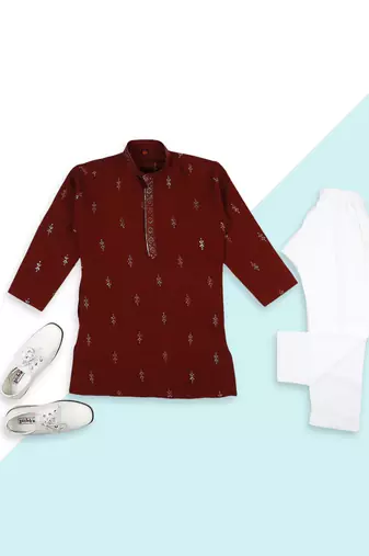 Traditional ethnic wear with silk sequence embroidery full sleeves kurta and pyjama set - maroon