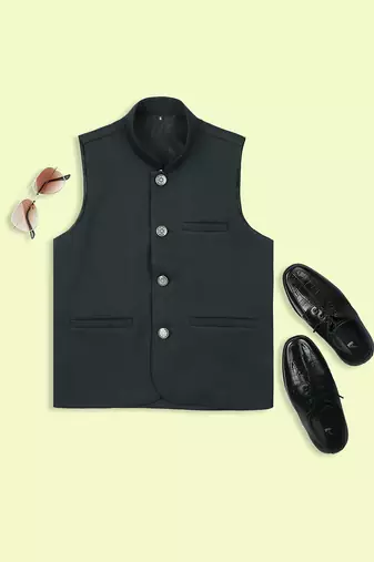 Festive sleeveless nehru jacket - bottle green
