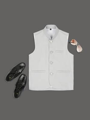 Solid traditional sleeveless nehru jacket - grey 5