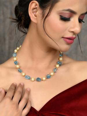 Gold plated blue quartz pearl unisex necklace 1