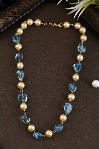 Gold plated blue quartz pearl unisex necklace