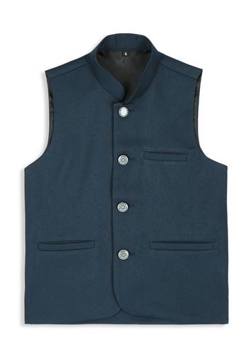 Solid sleeveless nehru jacket - peacock green
