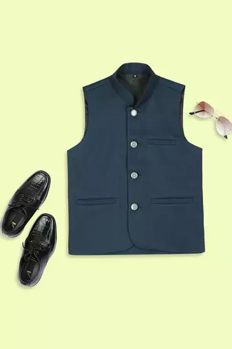Solid sleeveless nehru jacket - peacock green