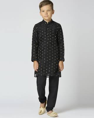 Full sleeves chanderi kurta, pyjama set with traditional butta work - black 1