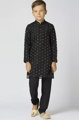 Full sleeves chanderi kurta, pyjama set with traditional butta work - black