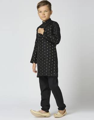 Full sleeves chanderi kurta, pyjama set with traditional butta work - black 2
