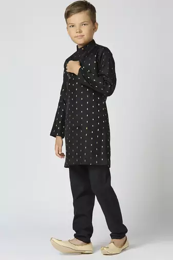 Full sleeves chanderi kurta, pyjama set with traditional butta work - black
